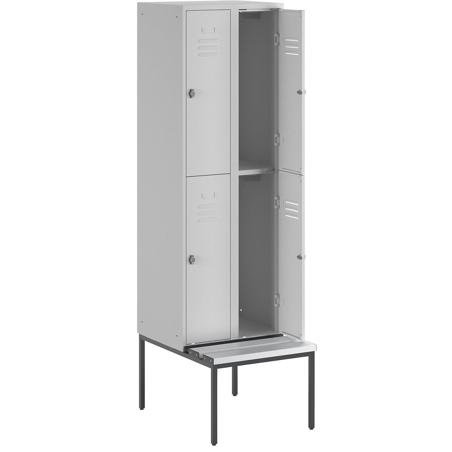 Berlin 2 double deck clothes locker with bench seat, 2 sections, light grey, width 600 mm, 4 compartments.
