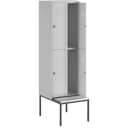 Berlin 2 double deck clothes locker with bench seat, 2 sections, light grey, width 600 mm, 4 compartments.