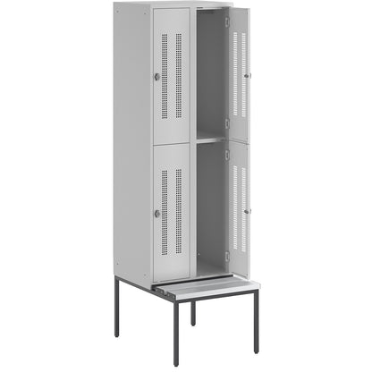 Berlin 1 double deck clothes locker with bench seat, 2 sections, light grey, width 600 mm, 4 compartments.