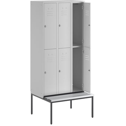 Berlin 2 double deck clothes locker with bench seat, 3 sections, light grey, width 900 mm, 6 compartments.