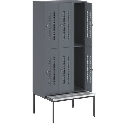 Berlin 1 double deck clothes locker with bench seat, 3 sections, blue grey, width 900 mm, 6 compartments.