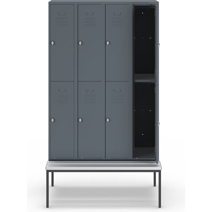 Berlin 2 double deck clothes locker with bench seat, 4 sections, blue grey, width 1200 mm, 8 compartments.