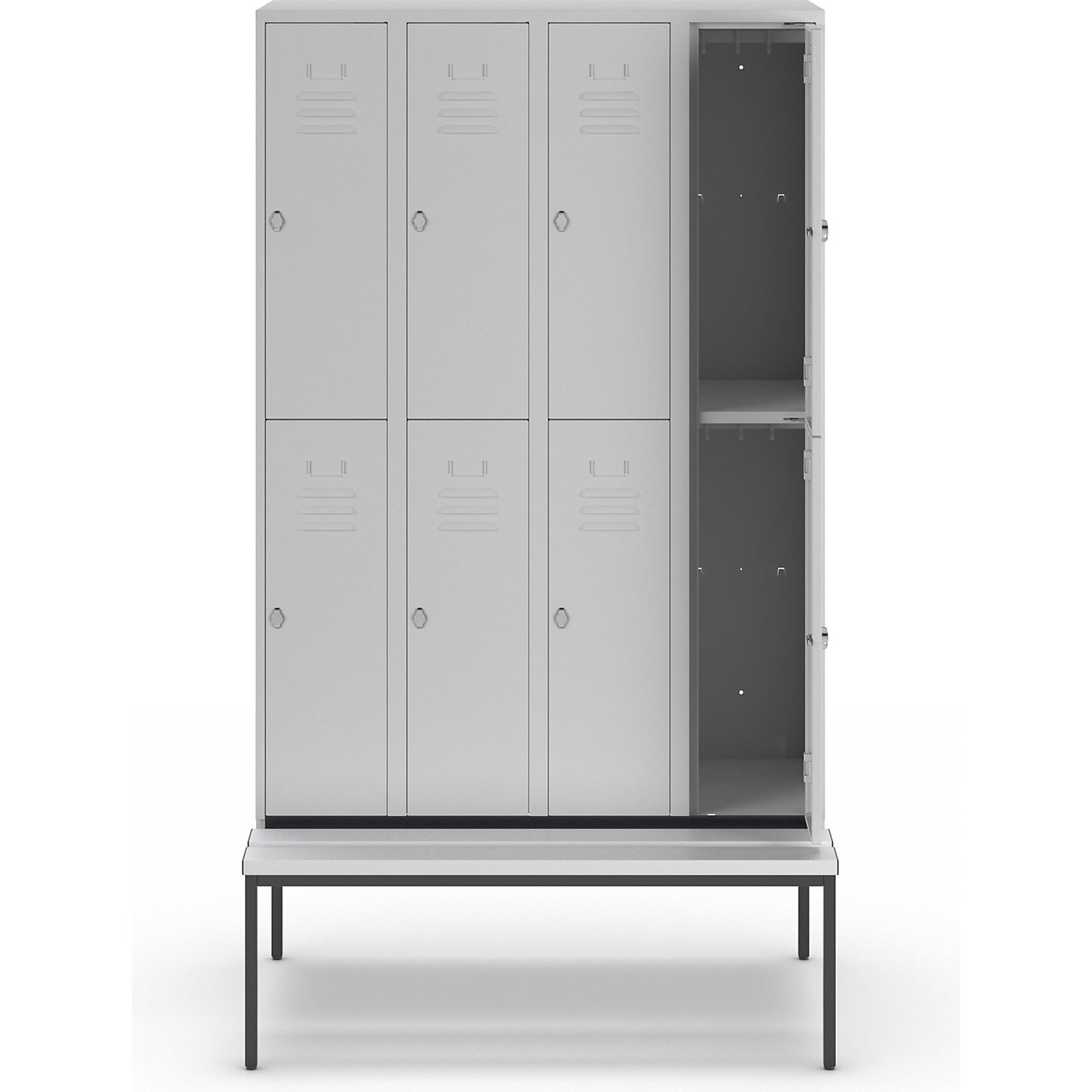 Berlin 2 double deck clothes locker with bench seat, 4 sections, light grey, width 1200 mm, 8 compartments.