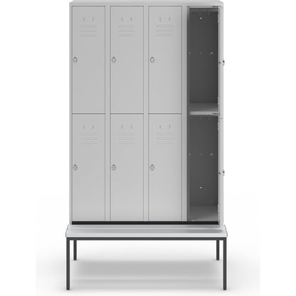 Berlin 2 double deck clothes locker with bench seat, 4 sections, light grey, width 1200 mm, 8 compartments.