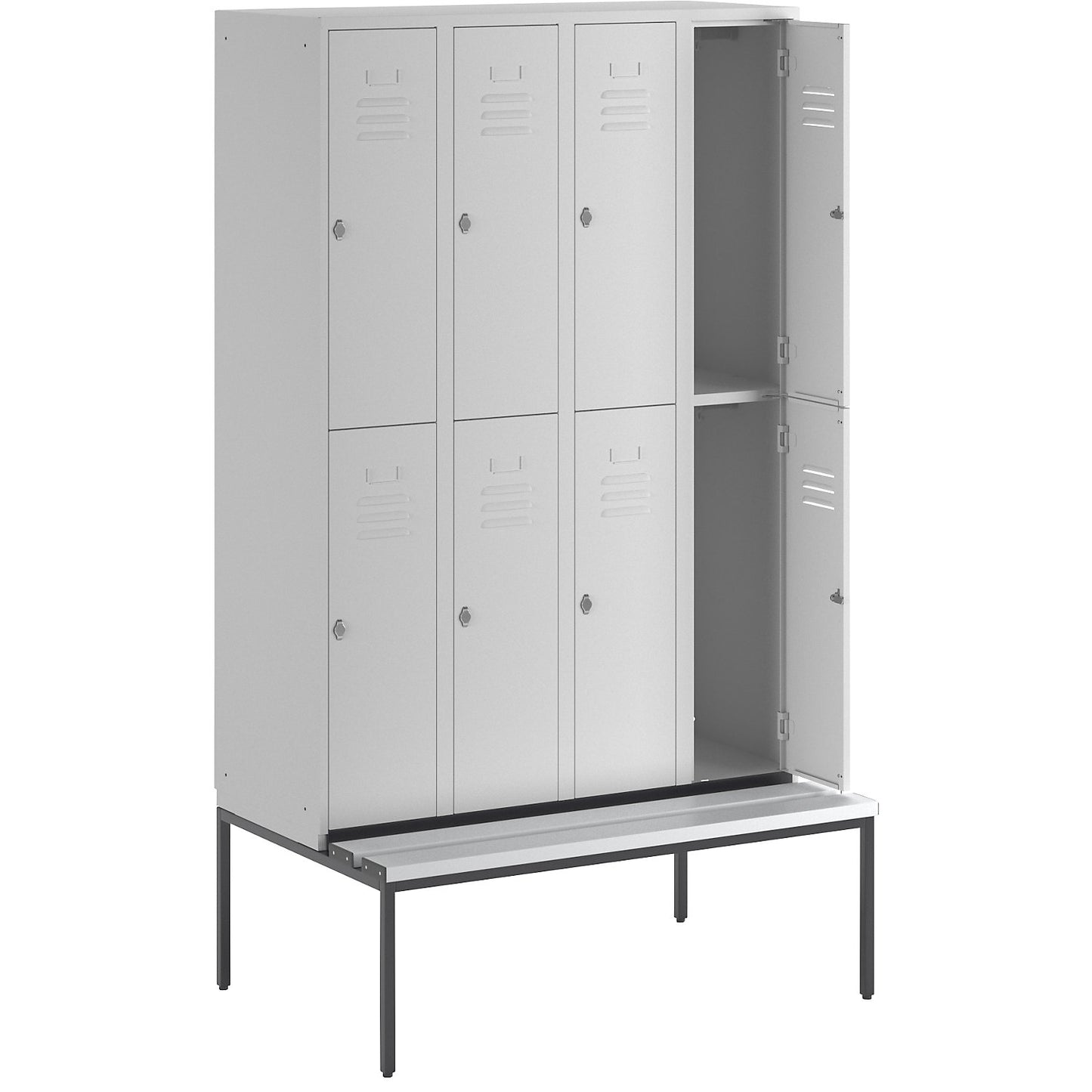 Berlin 2 double deck clothes locker with bench seat, 4 sections, light grey, width 1200 mm, 8 compartments.
