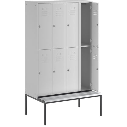 Berlin 2 double deck clothes locker with bench seat, 4 sections, light grey, width 1200 mm, 8 compartments.