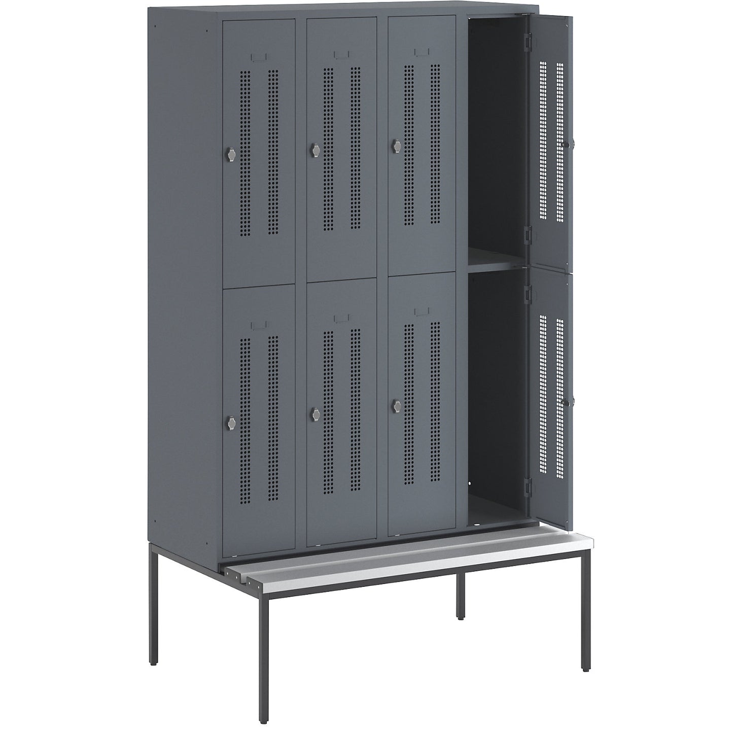 Berlin 1 double deck clothes locker with bench seat, 4 sections, blue grey, width 1200 mm, 8 compartments.