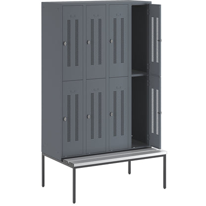 Berlin 1 double deck clothes locker with bench seat, 4 sections, blue grey, width 1200 mm, 8 compartments.