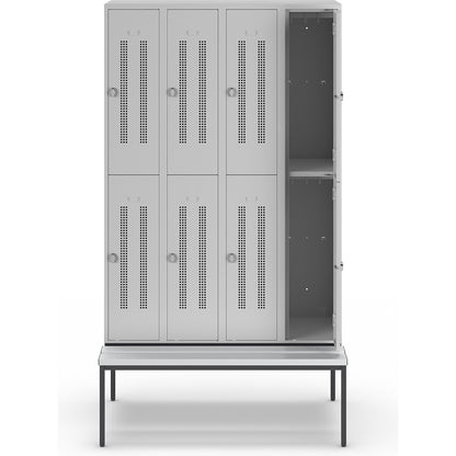 Berlin 1 double deck clothes locker with bench seat, 4 sections, light grey, width 1200 mm, 8 compartments.