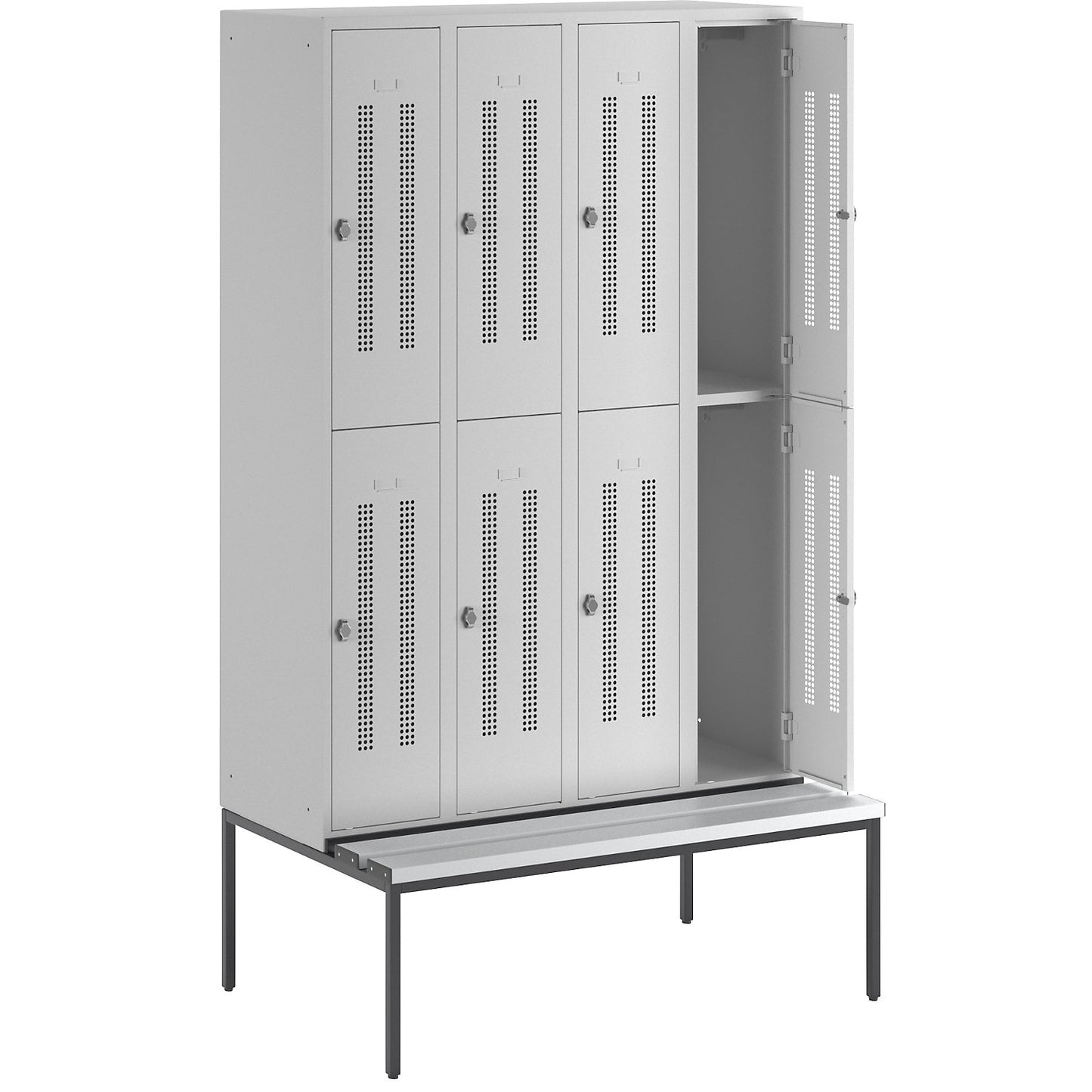 Berlin 1 double deck clothes locker with bench seat, 4 sections, light grey, width 1200 mm, 8 compartments.