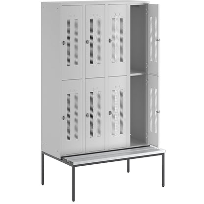 Berlin 1 double deck clothes locker with bench seat, 4 sections, light grey, width 1200 mm, 8 compartments.