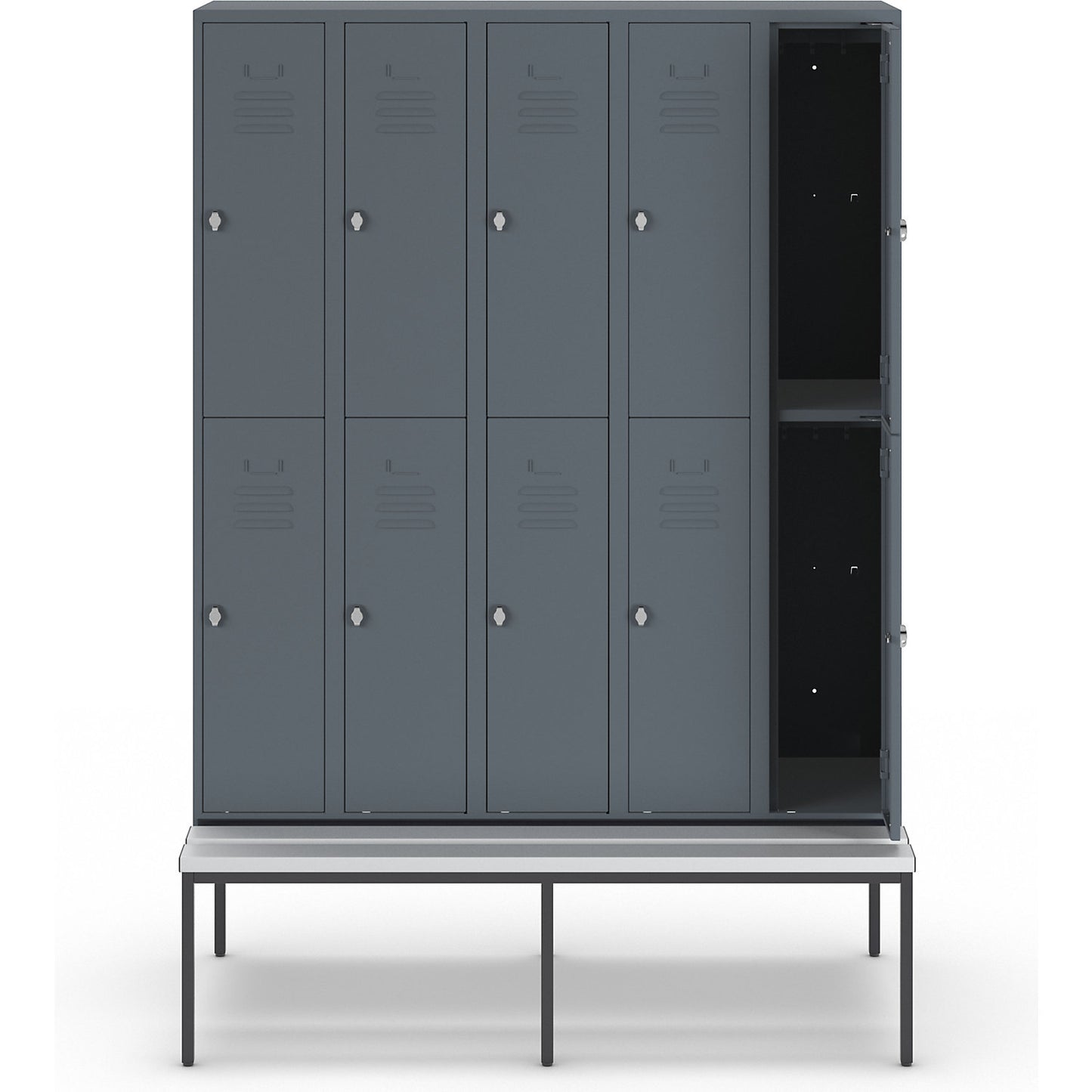 Berlin 2 double deck clothes locker with bench seat, 5 sections, blue grey, width 1500 mm, 10 compartments.