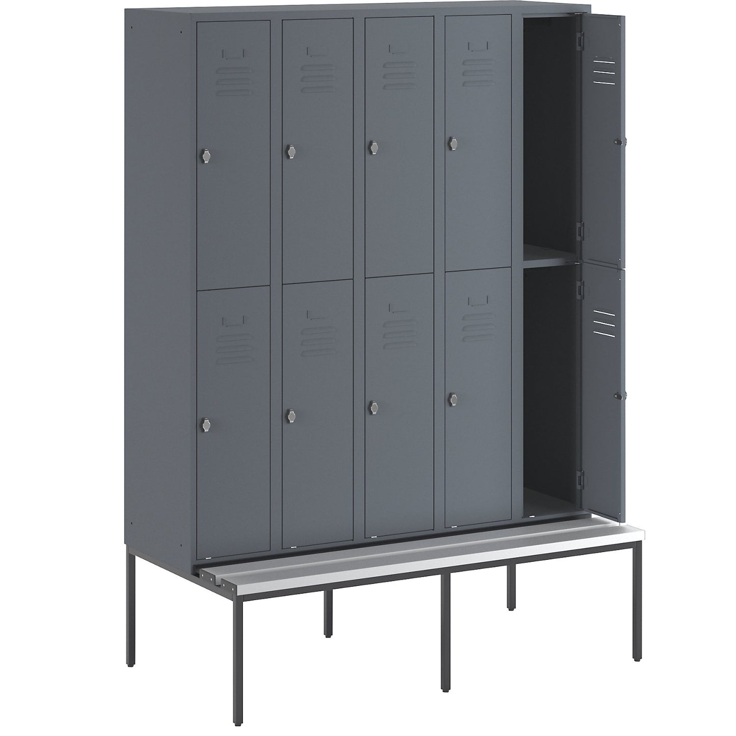Berlin 2 double deck clothes locker with bench seat, 5 sections, blue grey, width 1500 mm, 10 compartments.