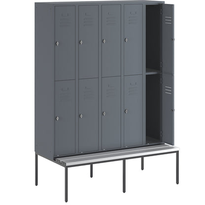 Berlin 2 double deck clothes locker with bench seat, 5 sections, blue grey, width 1500 mm, 10 compartments.