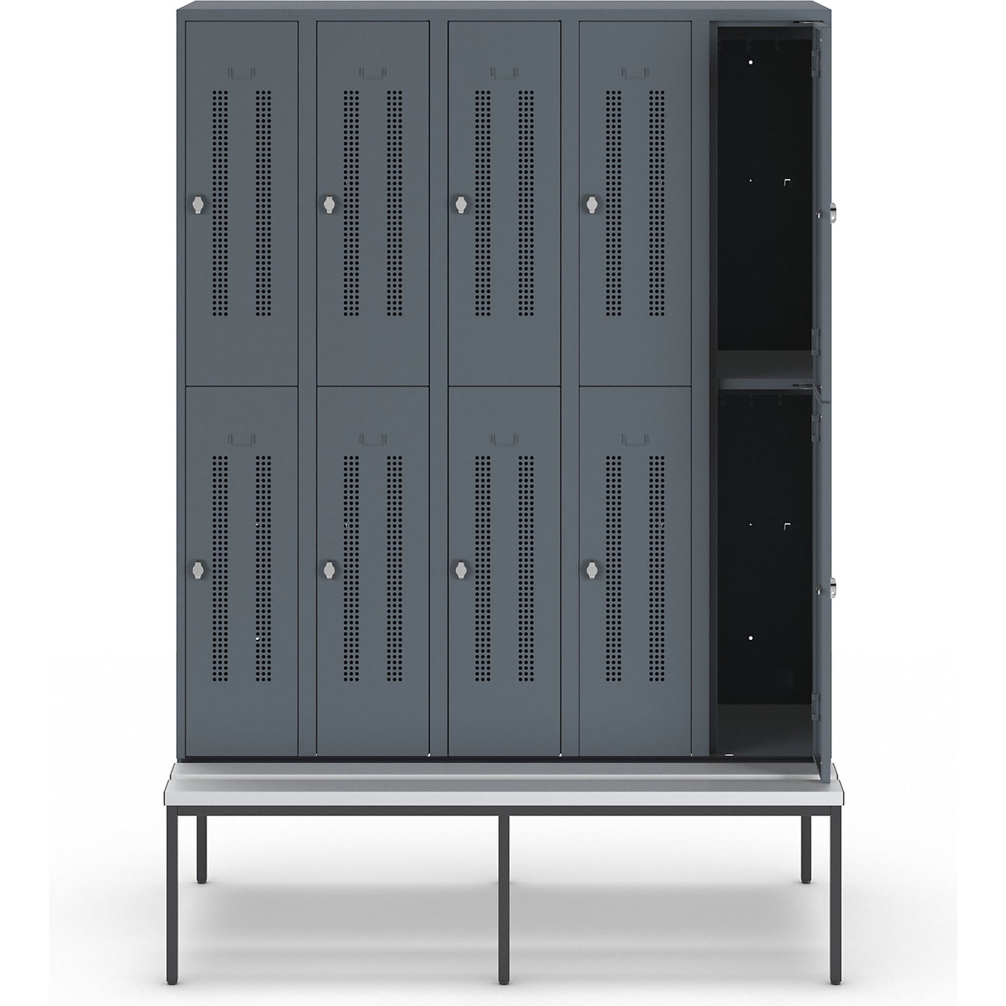 Berlin 1 double deck clothes locker with bench seat, 5 sections, blue grey, width 1500 mm, 10 compartments.