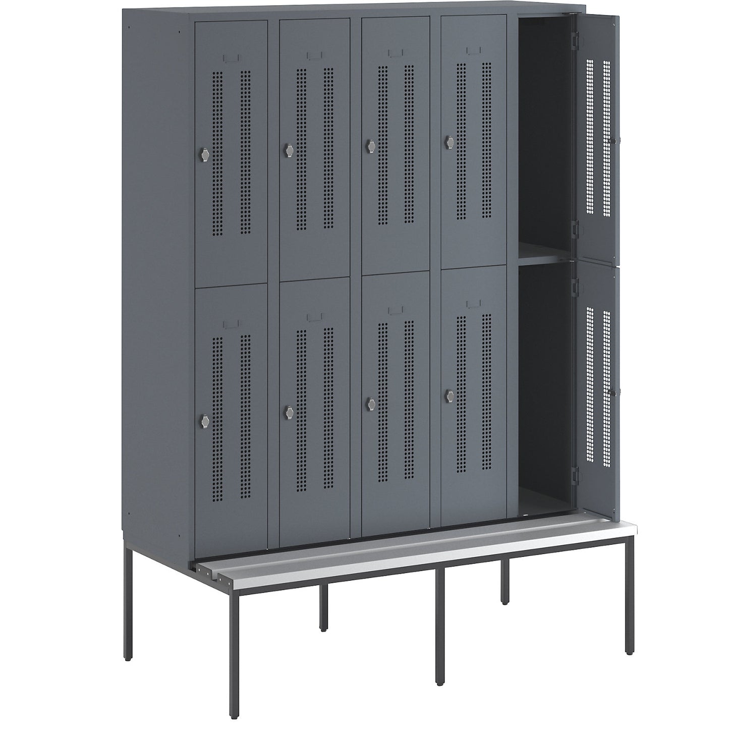 Berlin 1 double deck clothes locker with bench seat, 5 sections, blue grey, width 1500 mm, 10 compartments.