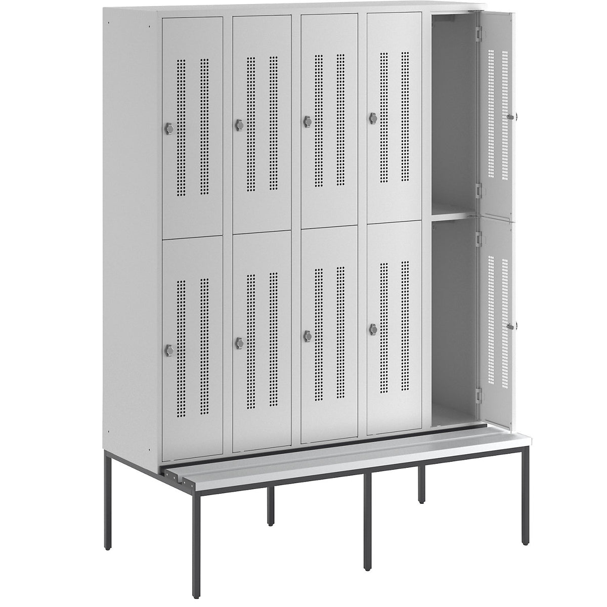 Berlin 1 double deck clothes locker with bench seat, 5 sections, light grey, width 1500 mm, 10 compartments.