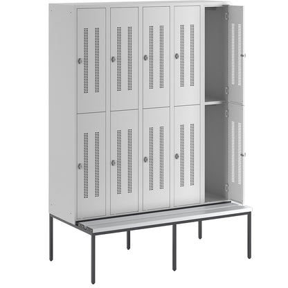 Berlin 1 double deck clothes locker with bench seat, 5 sections, light grey, width 1500 mm, 10 compartments.