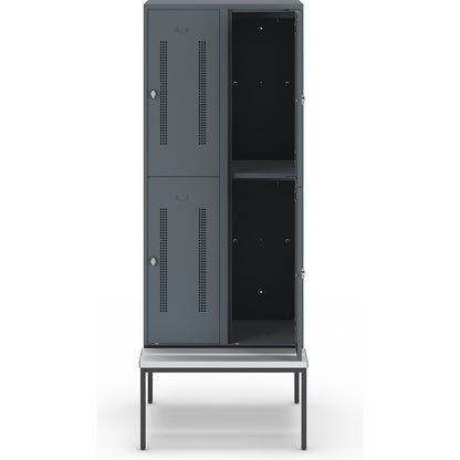 Berlin 1 double deck clothes locker with bench seat, 2 sections, blue grey, width 800 mm, 4 compartments.