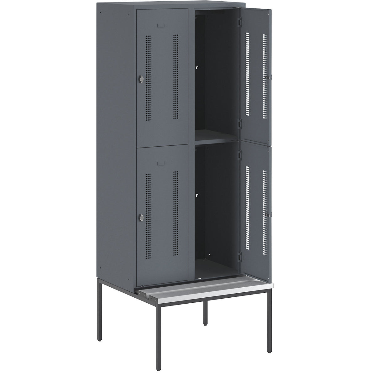 Berlin 1 double deck clothes locker with bench seat, 2 sections, blue grey, width 800 mm, 4 compartments.