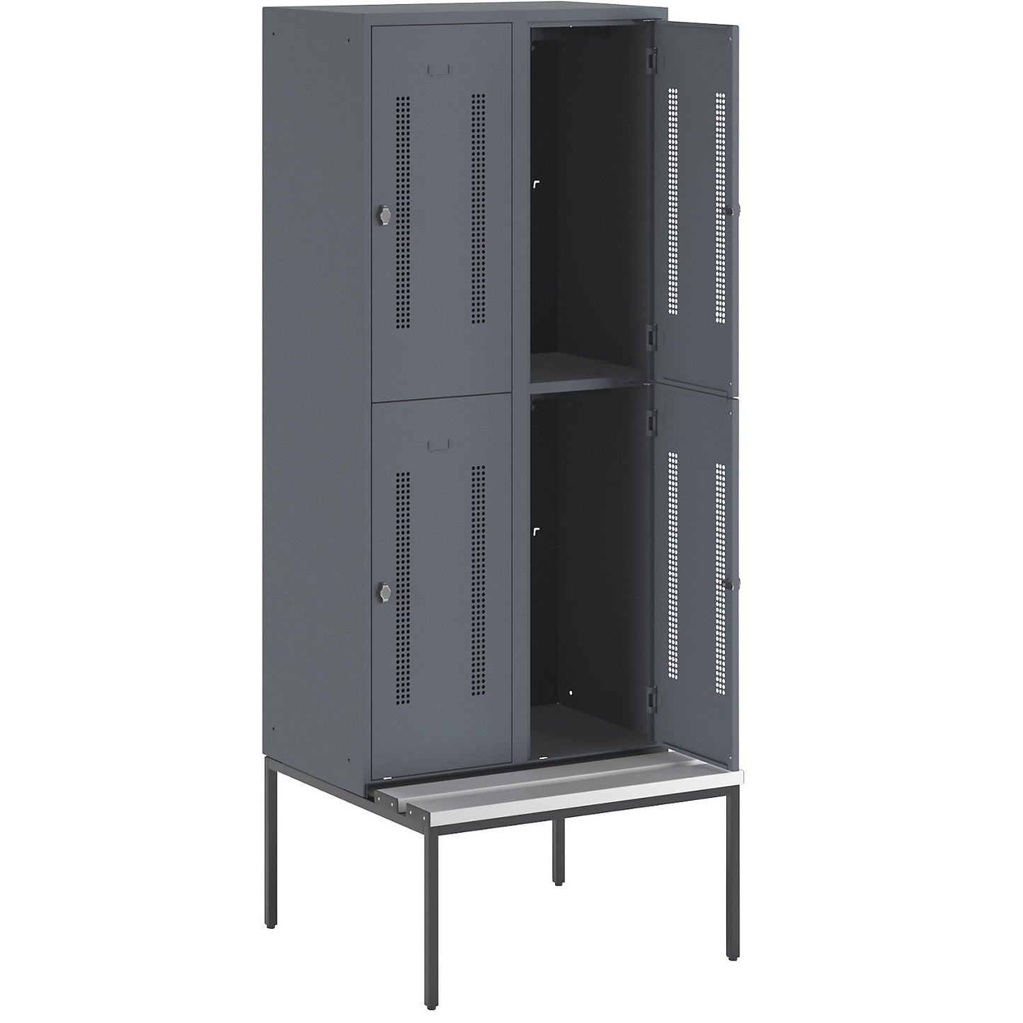 Berlin 1 double deck clothes locker with bench seat, 2 sections, blue grey, width 800 mm, 4 compartments.