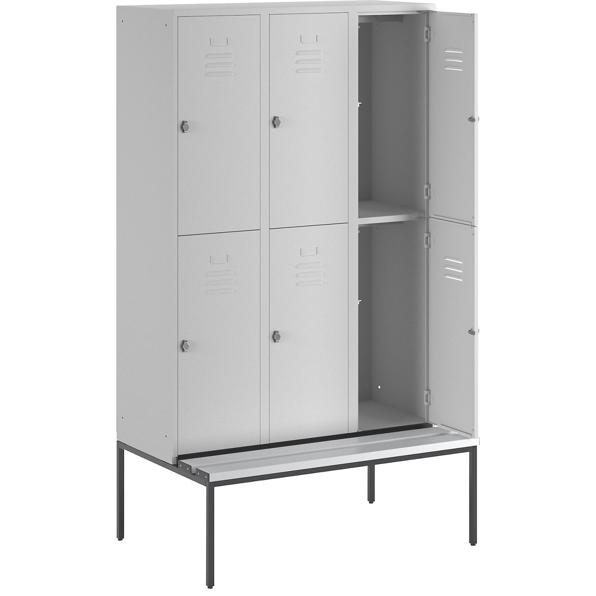 Berlin 2 double deck clothes locker with bench seat, 3 sections, light grey, width 1200 mm, 6 compartments.