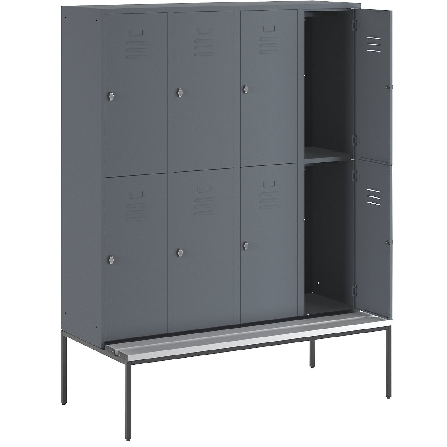 Berlin 2 double deck clothes locker with bench seat, 4 sections, blue grey, width 1600 mm, 8 compartments.