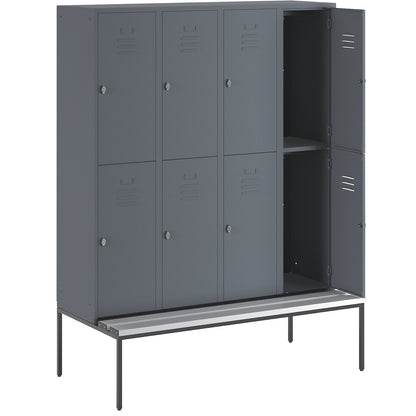 Berlin 2 double deck clothes locker with bench seat, 4 sections, blue grey, width 1600 mm, 8 compartments.