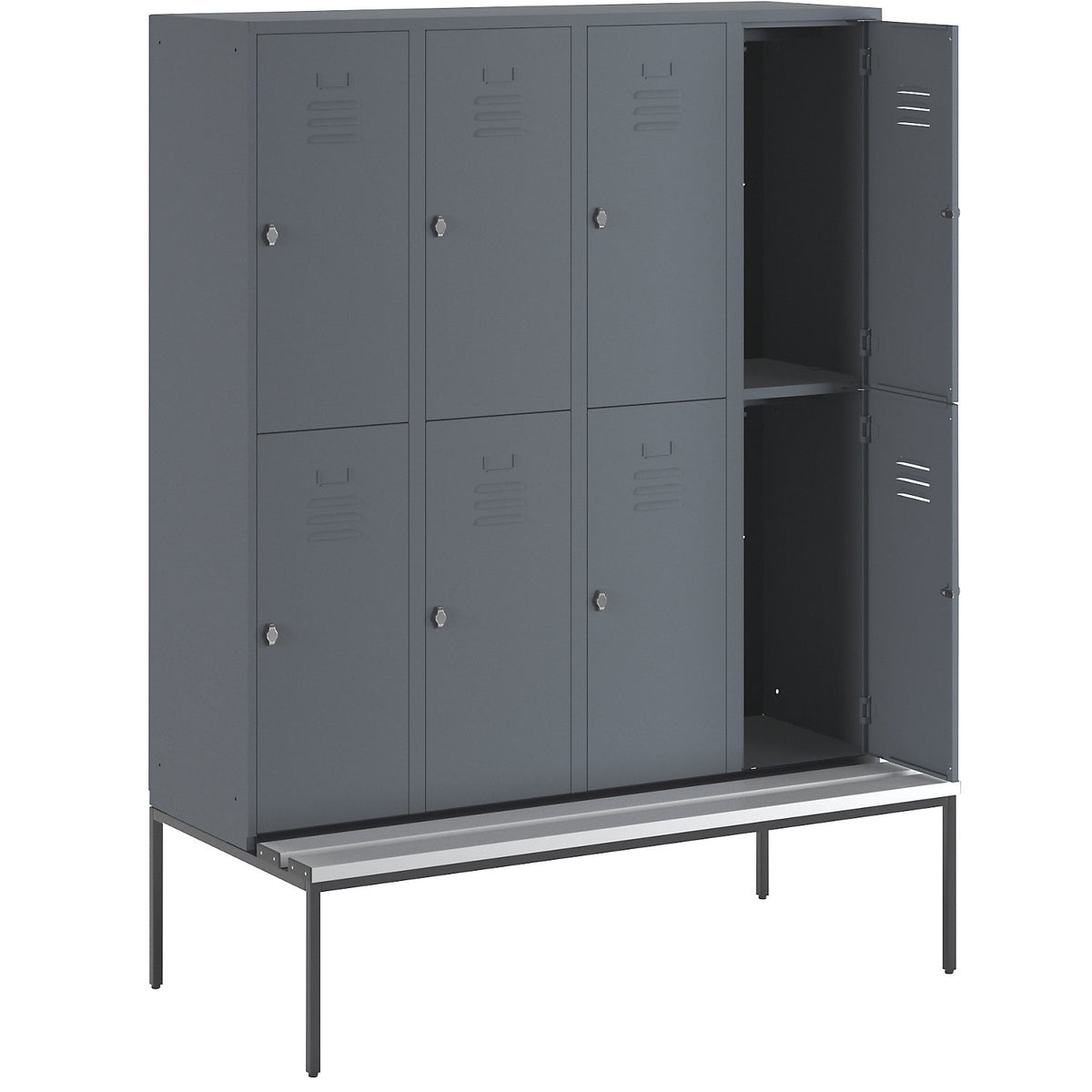 Berlin 2 double deck clothes locker with bench seat, 4 sections, blue grey, width 1600 mm, 8 compartments.