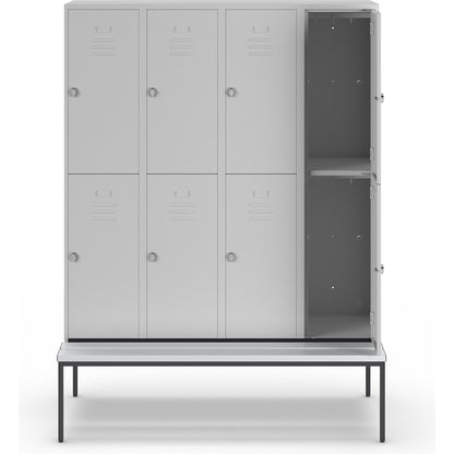 Berlin 2 double deck clothes locker with bench seat, 4 sections, light grey, width 1600 mm, 8 compartments.