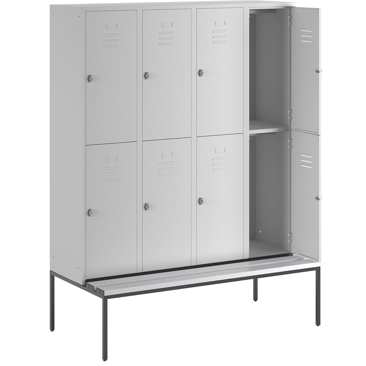 Berlin 2 double deck clothes locker with bench seat, 4 sections, light grey, width 1600 mm, 8 compartments.