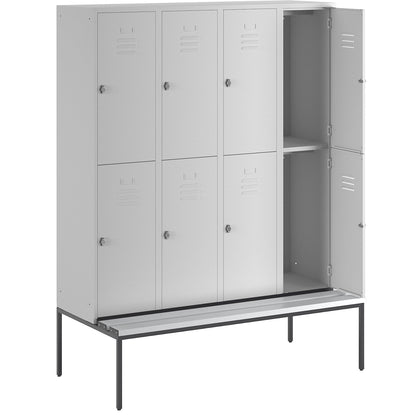 Berlin 2 double deck clothes locker with bench seat, 4 sections, light grey, width 1600 mm, 8 compartments.