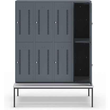 Berlin 1 double deck clothes locker with bench seat, 4 sections, blue grey, width 1600 mm, 8 compartments.