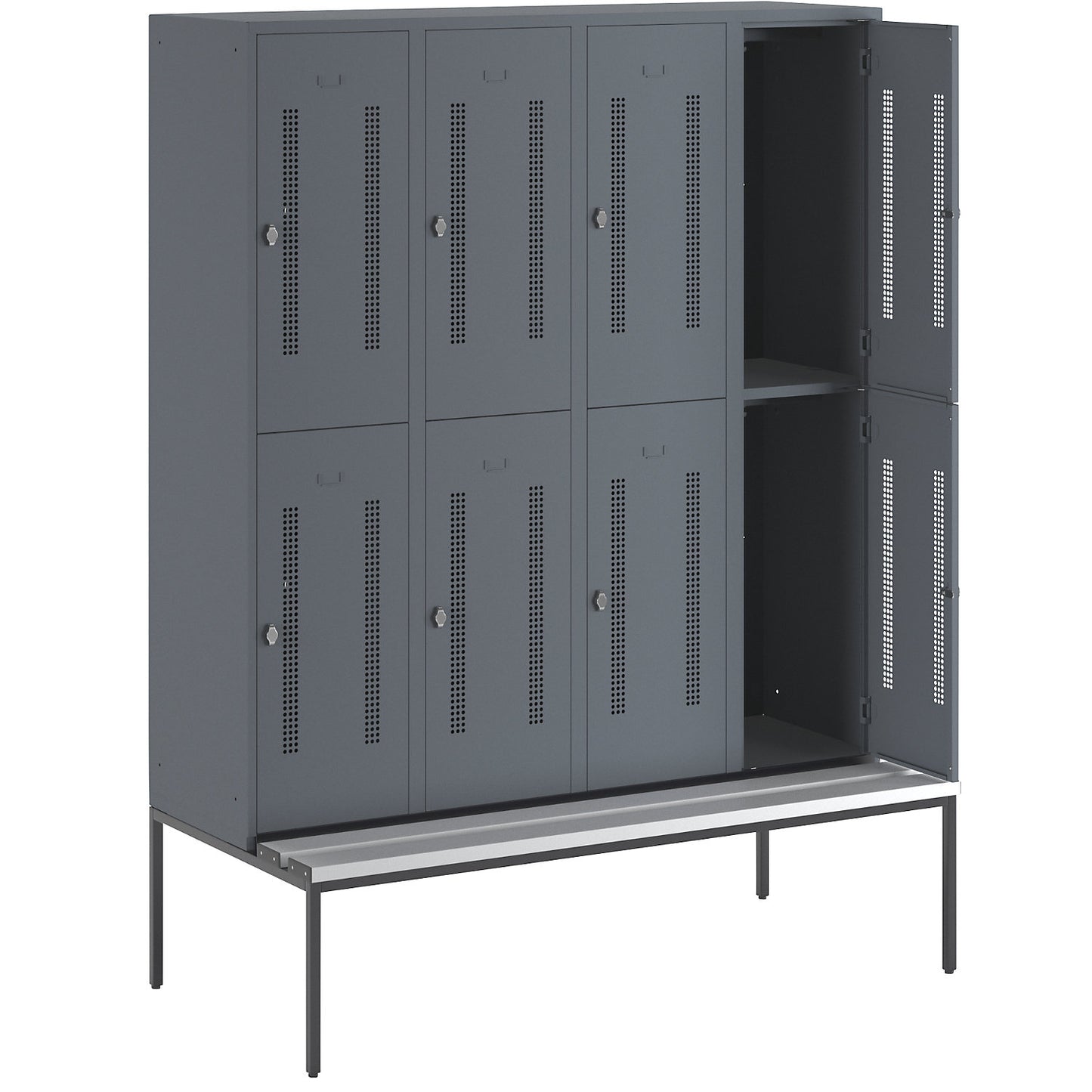 Berlin 1 double deck clothes locker with bench seat, 4 sections, blue grey, width 1600 mm, 8 compartments.