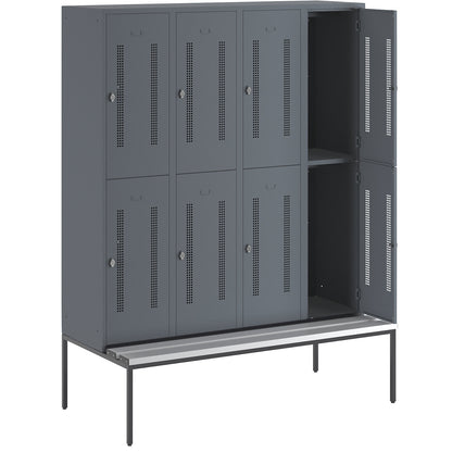 Berlin 1 double deck clothes locker with bench seat, 4 sections, blue grey, width 1600 mm, 8 compartments.