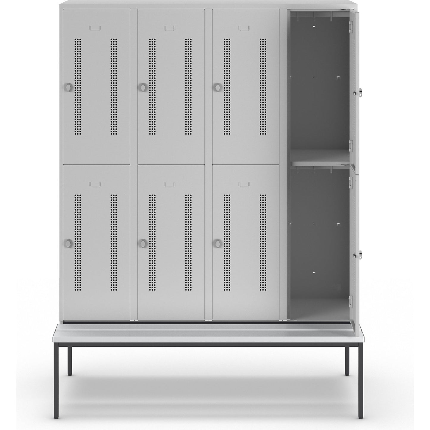 Berlin 1 double deck clothes locker with bench seat, 4 sections, light grey, width 1600 mm, 8 compartments.