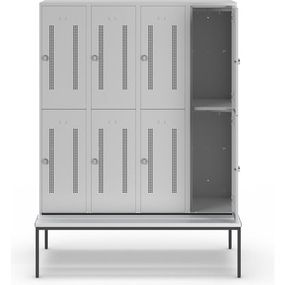 Berlin 1 double deck clothes locker with bench seat, 4 sections, light grey, width 1600 mm, 8 compartments.