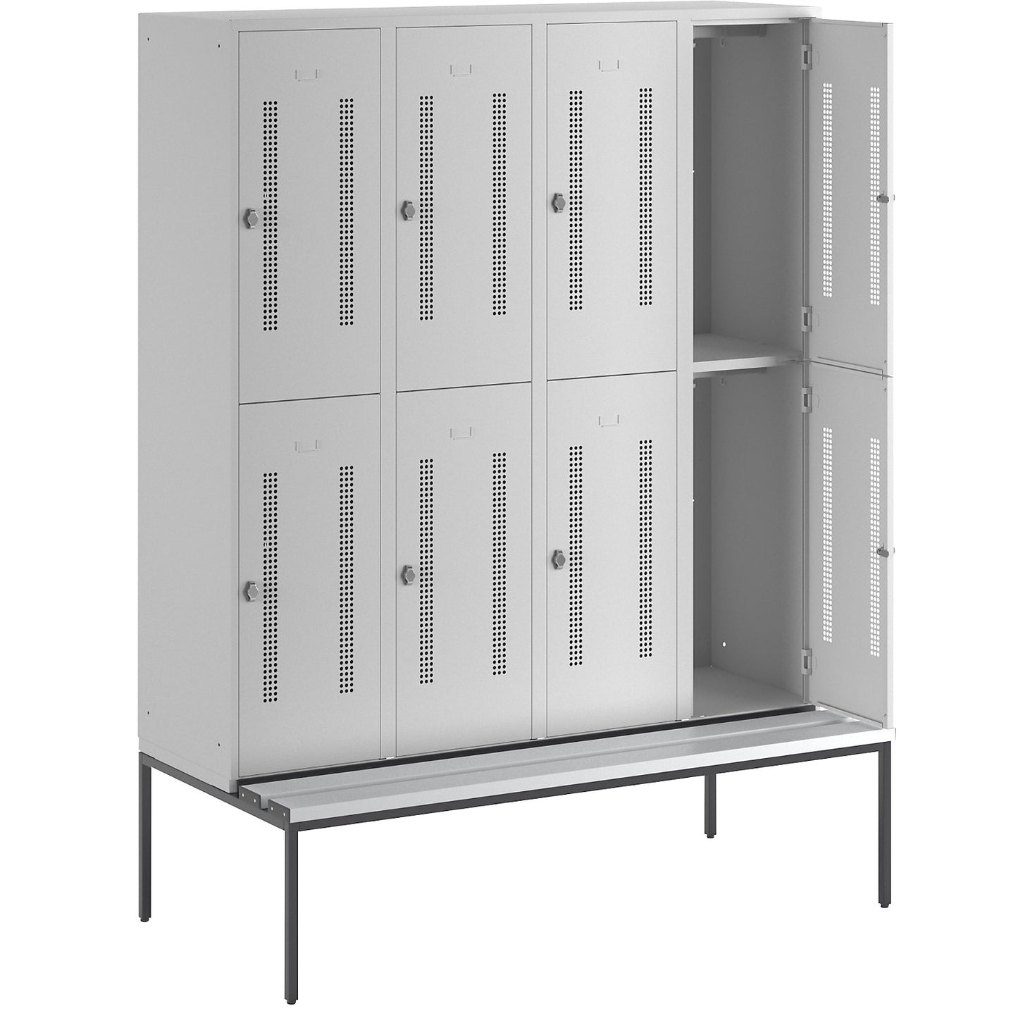 Berlin 1 double deck clothes locker with bench seat, 4 sections, light grey, width 1600 mm, 8 compartments.