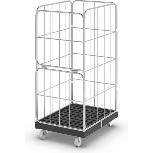 Roll container with side mesh panels, 4-sided, with 2 part door, half folding.