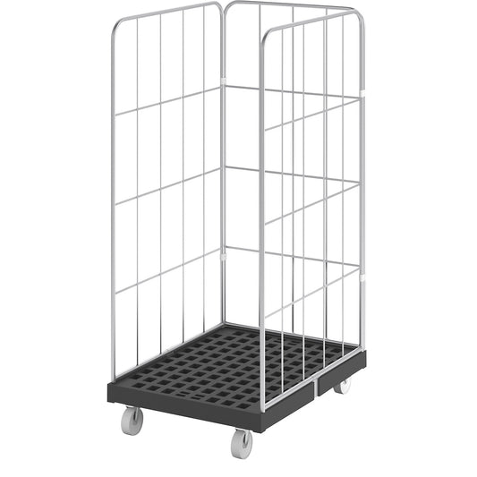 Roll container with side mesh panels, 3-sided, black / zinc plated.
