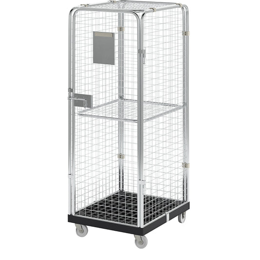 Roll container with mesh panels, 5-sided, anti-theft with intermediate shelf.