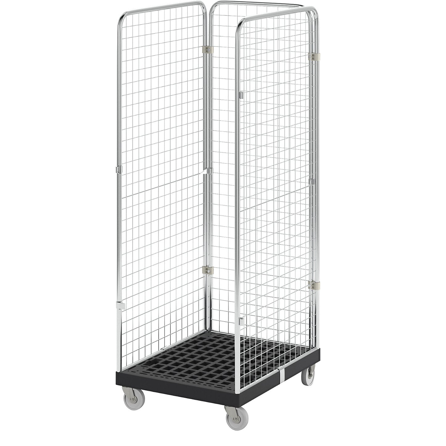 Roll container with mesh panels, 3-sided, black / zinc plated.