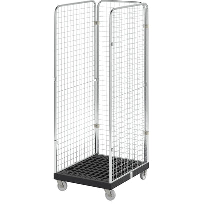 Roll container with mesh panels, 3-sided, black / zinc plated.