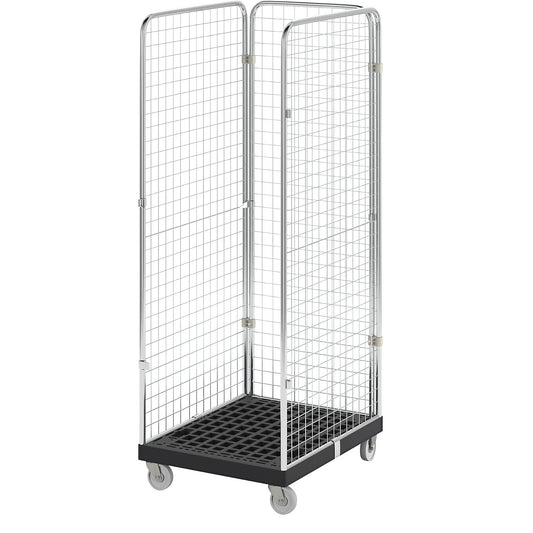 Roll container with mesh panels, 3-sided, black / zinc plated.