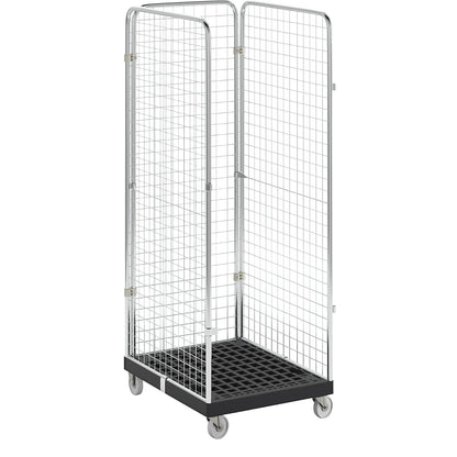 Roll container with mesh panels, 3-sided, black / zinc plated.