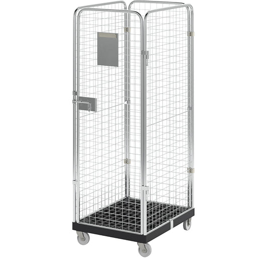 Roll container with mesh panels, 4-sided, black / zinc plated.