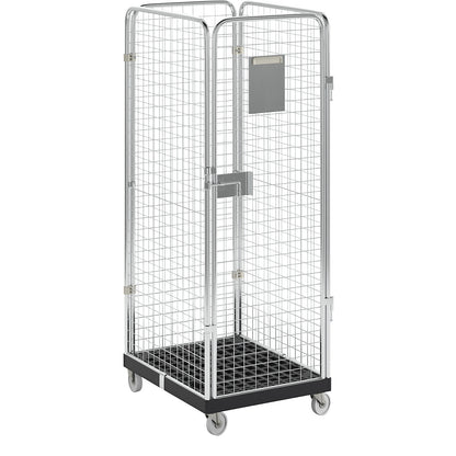 Roll container with mesh panels, 4-sided, black / zinc plated.