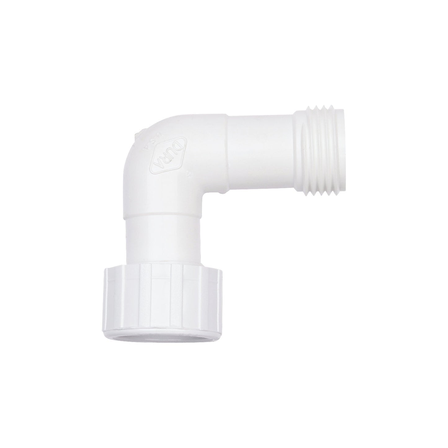 Angular hose connection, made of PVC, white.
