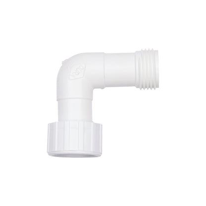 Angular hose connection, made of PVC, white.