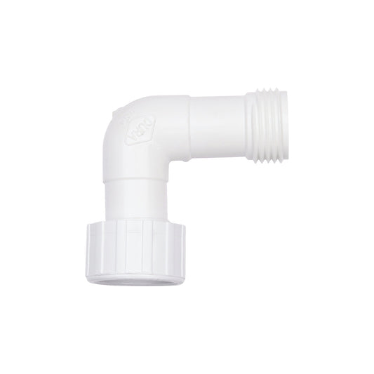 Angular hose connection, made of PVC, white.